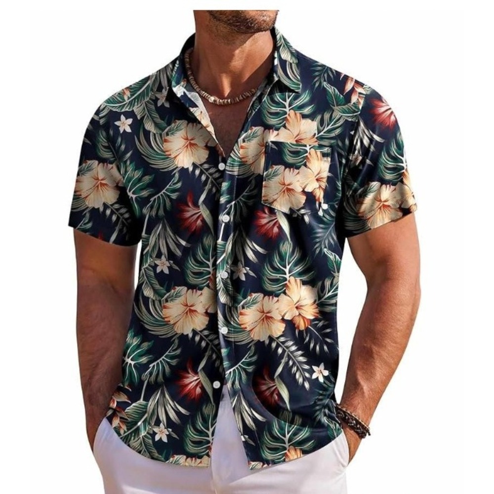 Mens Floral Hawaiian Shirt Navy Blue Tropical Hibiscus Button Front Size Large